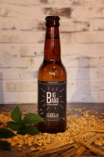 bouteille de bière Big Bang avec des grains d'orge et une feuille de houblon